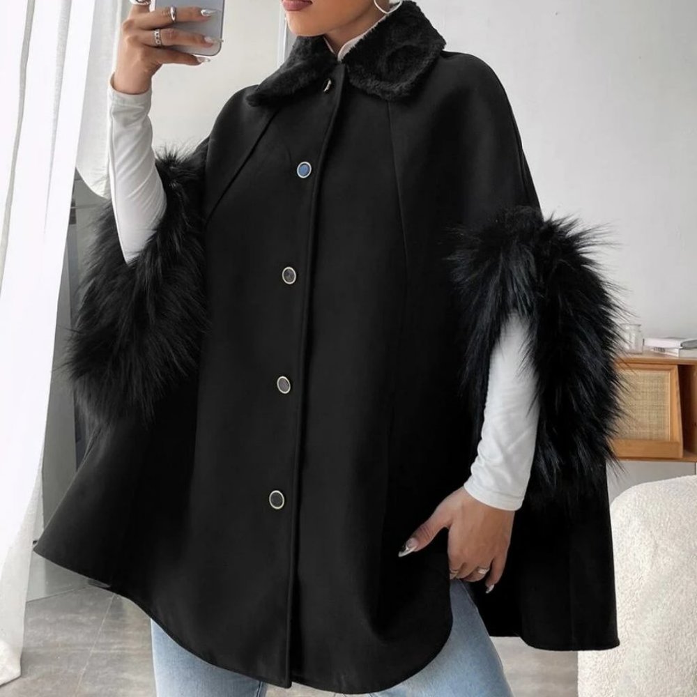 Faux fur Cuff Raglan Sleeve Borg Collar Black button down Overcoat Jacket - Picture 5 of 5